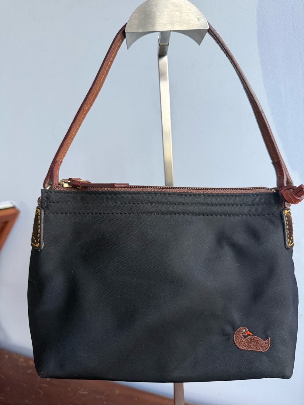 Vintage Dooney & Bourke Black Nylon Shoulder Bag with Brown Leather Trim